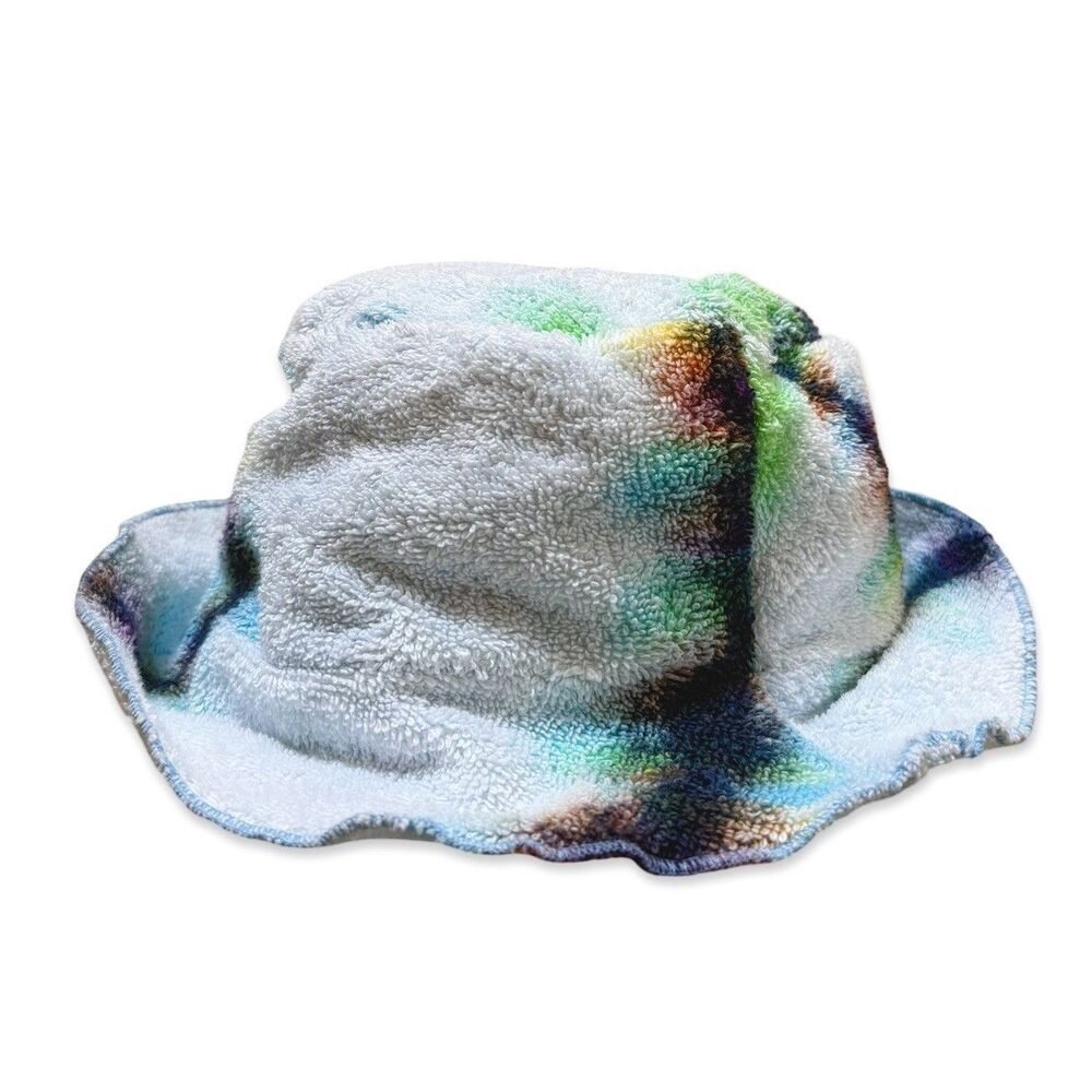 Lily Eve Designer Upcycled Terry Cloth Bucket Hat $375 Summer Tie Dye White Blue